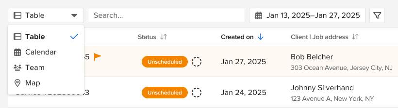 Knowify | Service jobs | Screenshot displaying the dropdown where you can switch views from