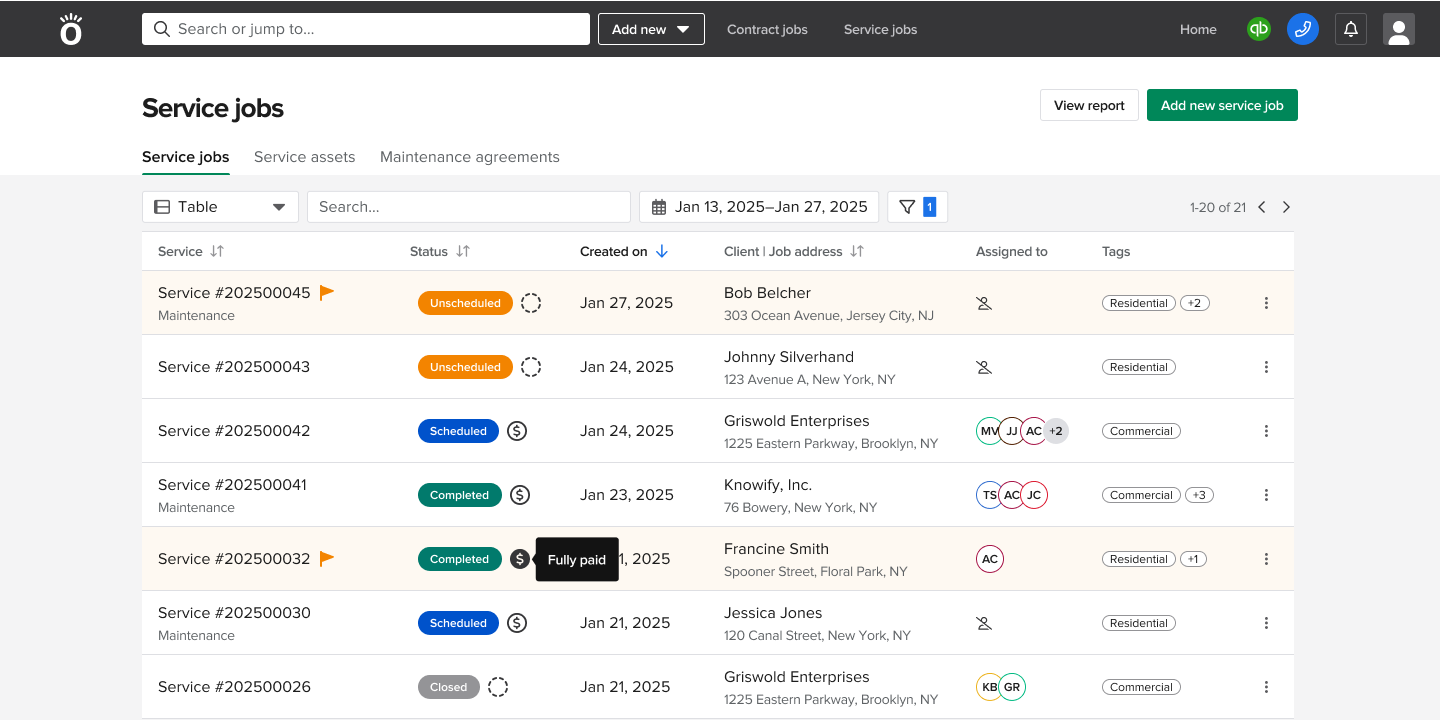 Knowify | Service jobs | Screenshot of the service jobs section displaying the table view with a list of services