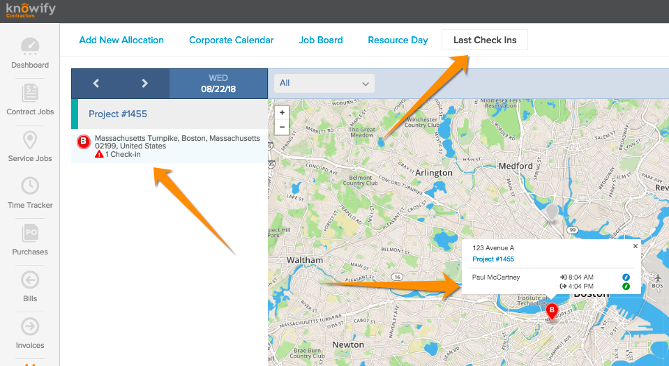 How to view employee checkin/out locations Knowify