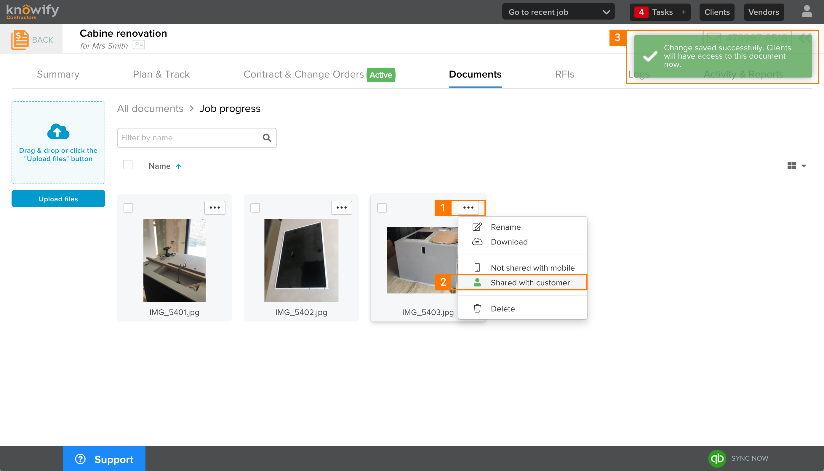 Knowify | Document management | Screenshot of how to share file with customer in grid view