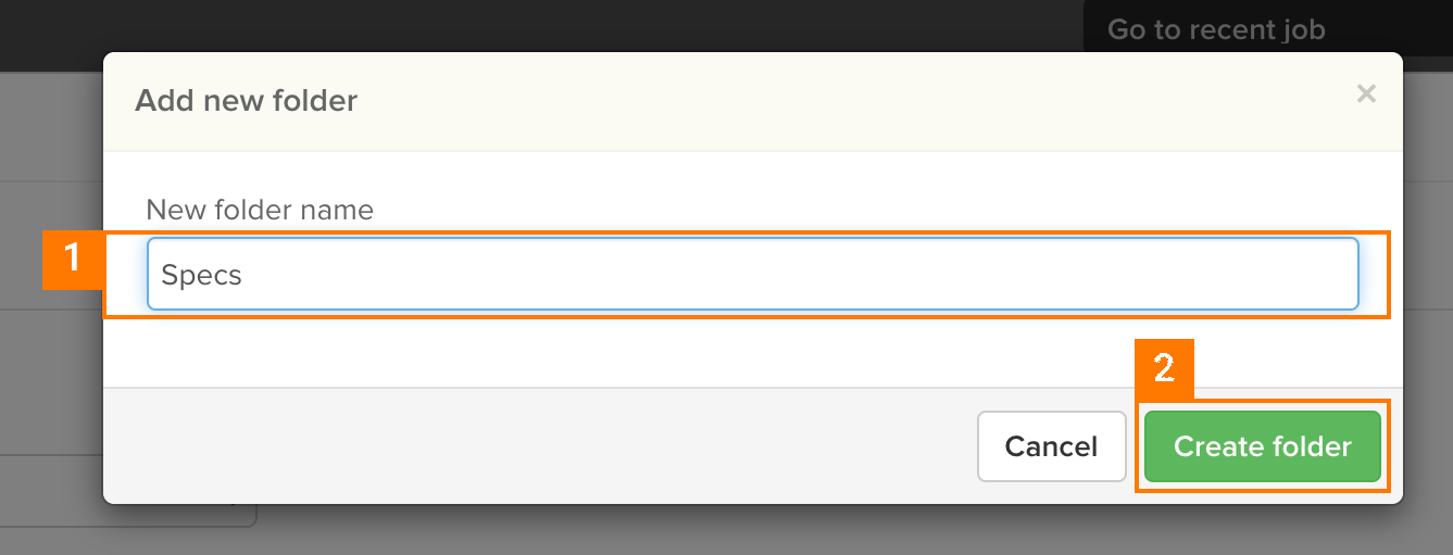 Knowify | Document management | Screenshot of modal asking for a name for the new folder