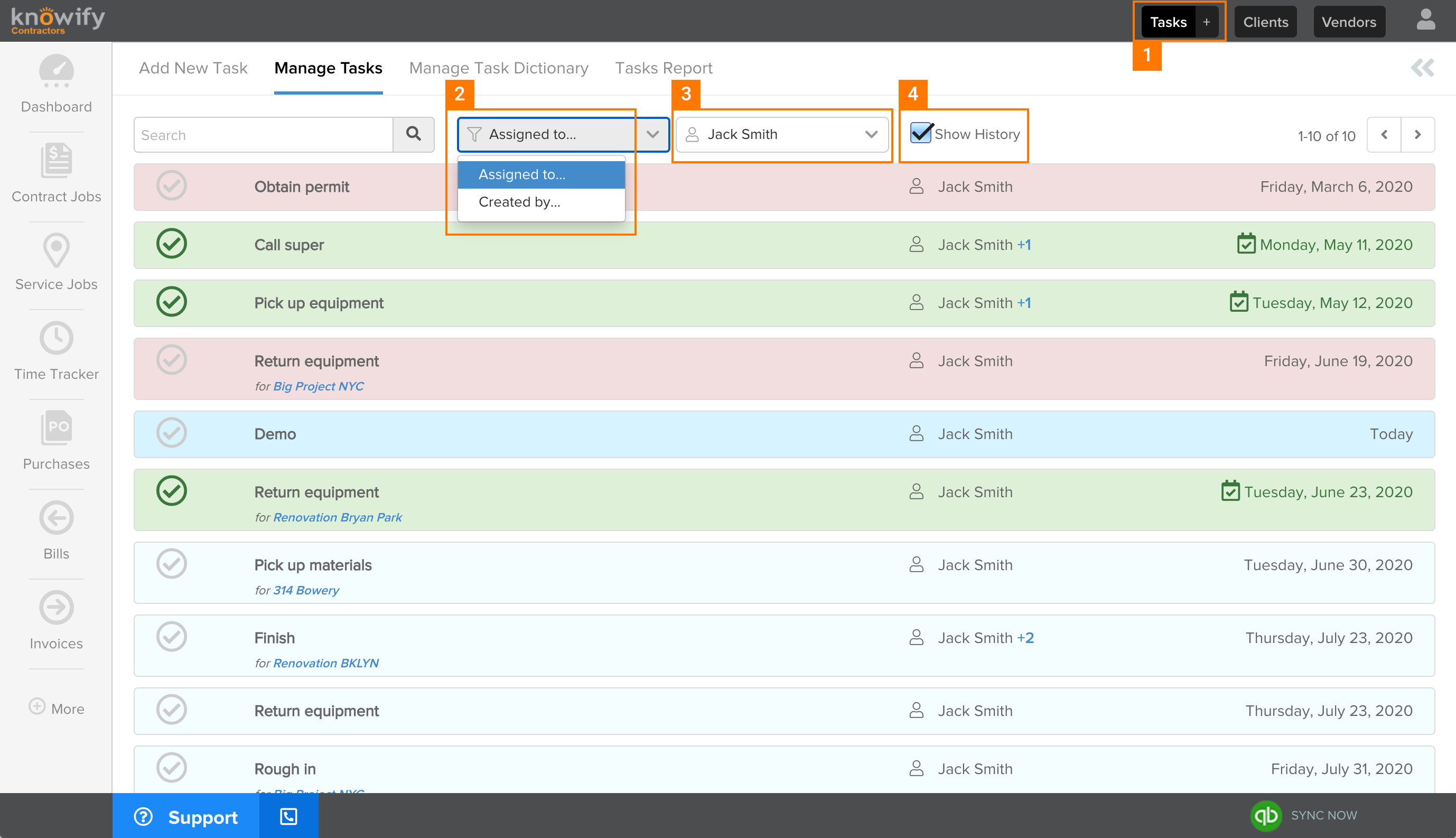 Knowify | Task management | Screenshot of how to filter task by employee name across all tasks