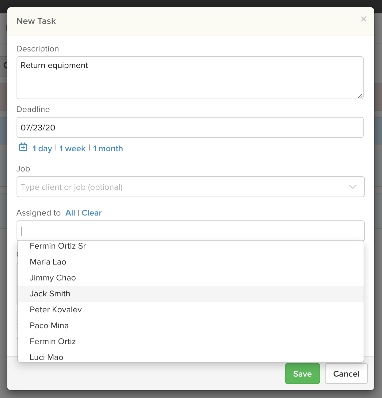 Knowify | Task management | Modal displaying how to select the resource assigned to the new task