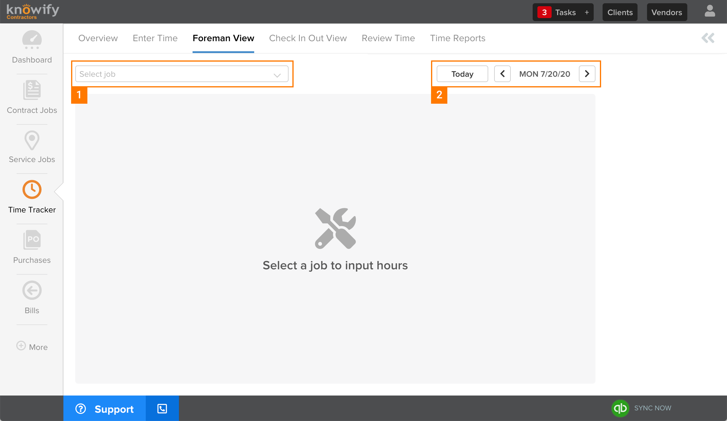 Knowify | Foreman view | Screenshot of how to select job and date to allocate time entries