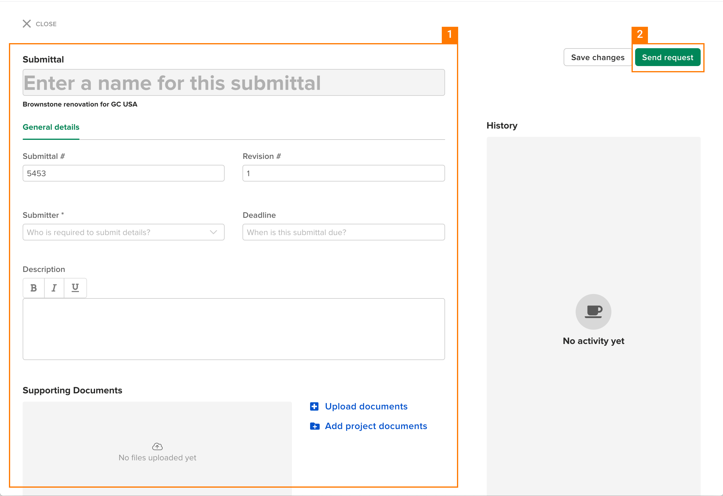 Knowify | Submittals | Screenshot of the submittal form to fill out and send to your vendor