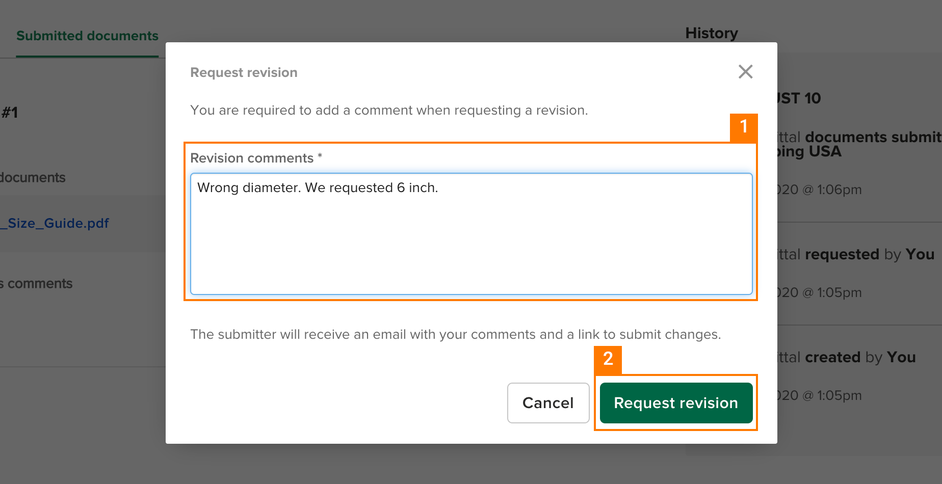 Knowify | Submittals | Screenshot of modal requesting comments from the reviewer before sending the request