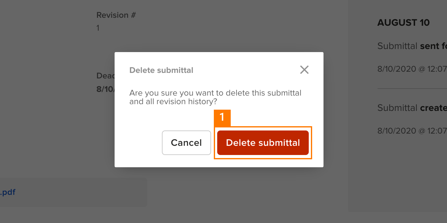 Knowify | Submittals | Screenshot of the confirmation modal to delete the selected submittal