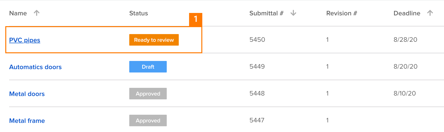 Knowify | Submittals | Screenshot selecting submittal to review and request a revision