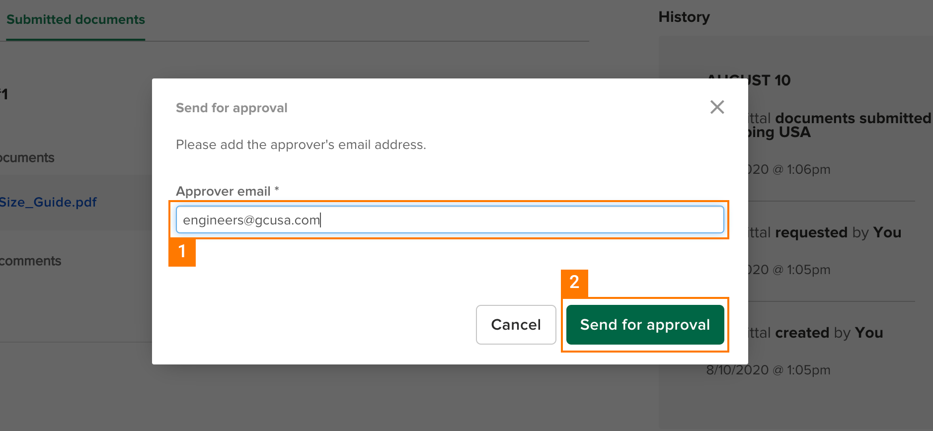 Knowify | Submittals | Screenshot displaying modal requesting approver's email address