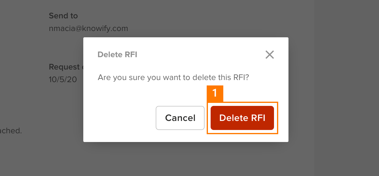 Knowify | RFIs | Screenshot of the confirmation modal to delete the selected RFI