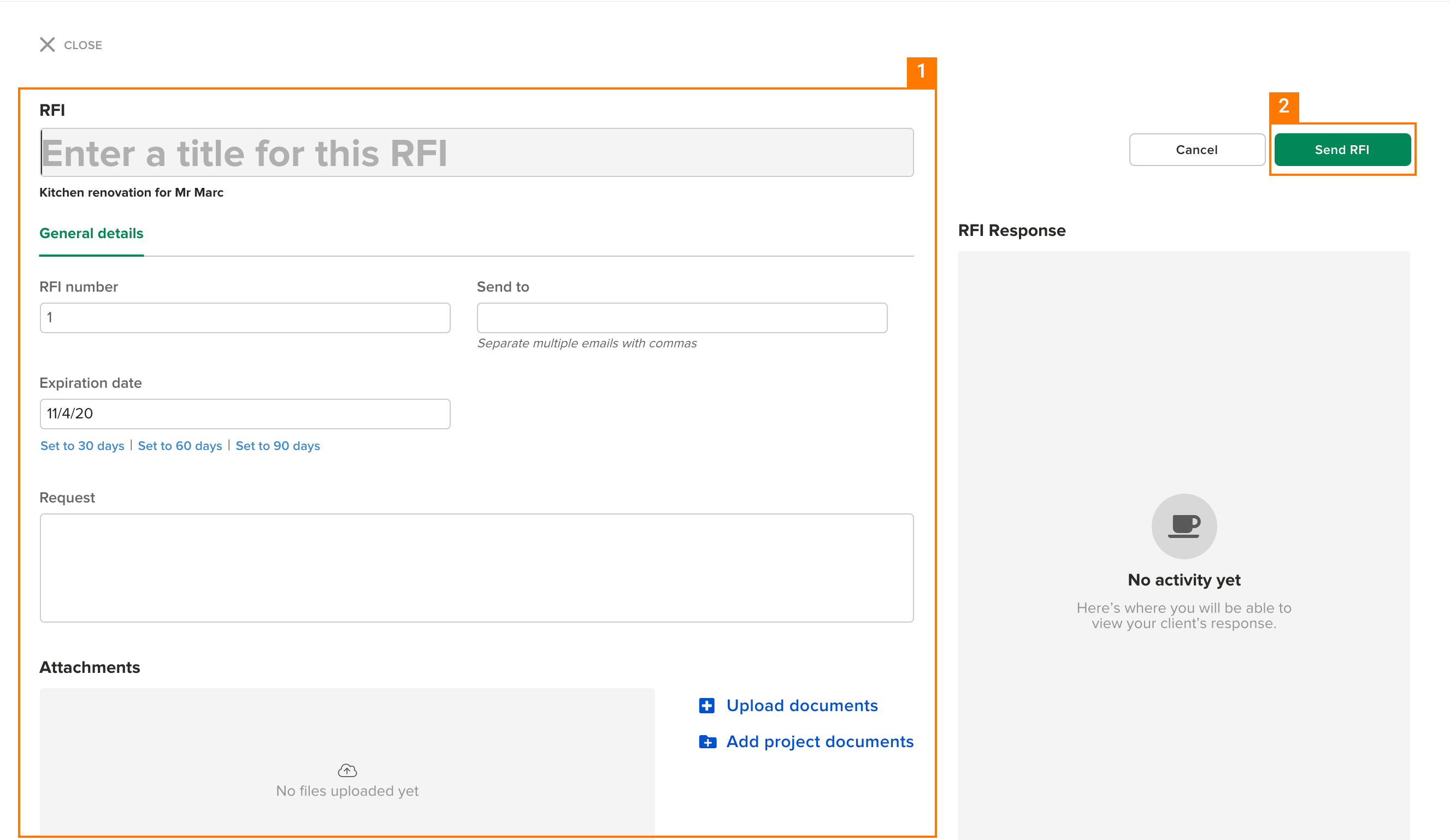 Knowify | RFIs | Screenshot displaying the RFI form