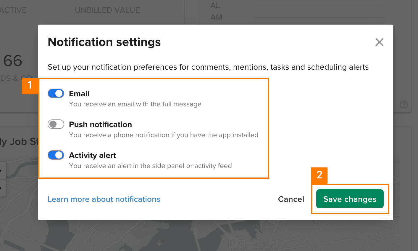 Knowify | Notifications | Modal displaying notification settings