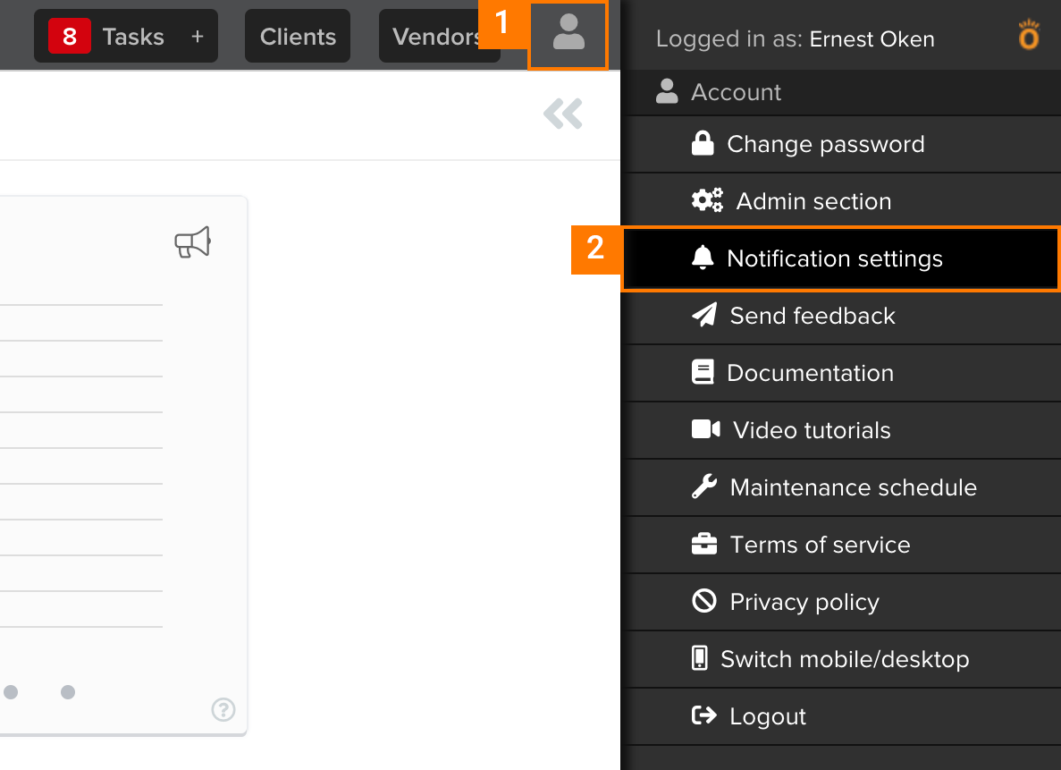 Knowify | Notifications | Screenshot showing how to display the user panel