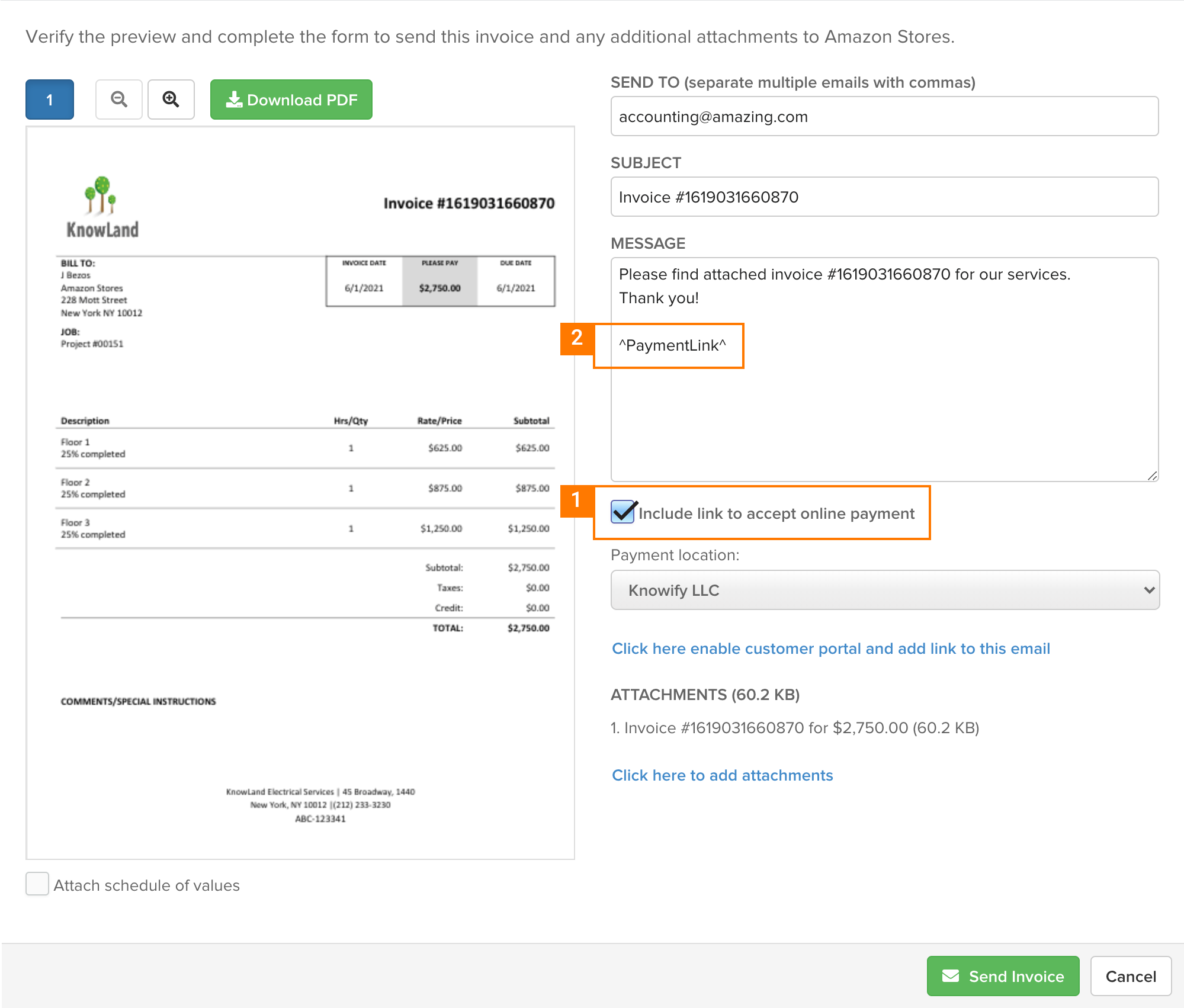 Knowify | Online payments | Screenshot adding a payment link to an invoice email