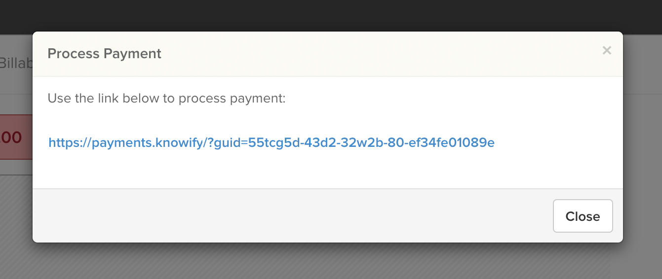 Knowify | Online payments | Screenshot of modal displaying payment link