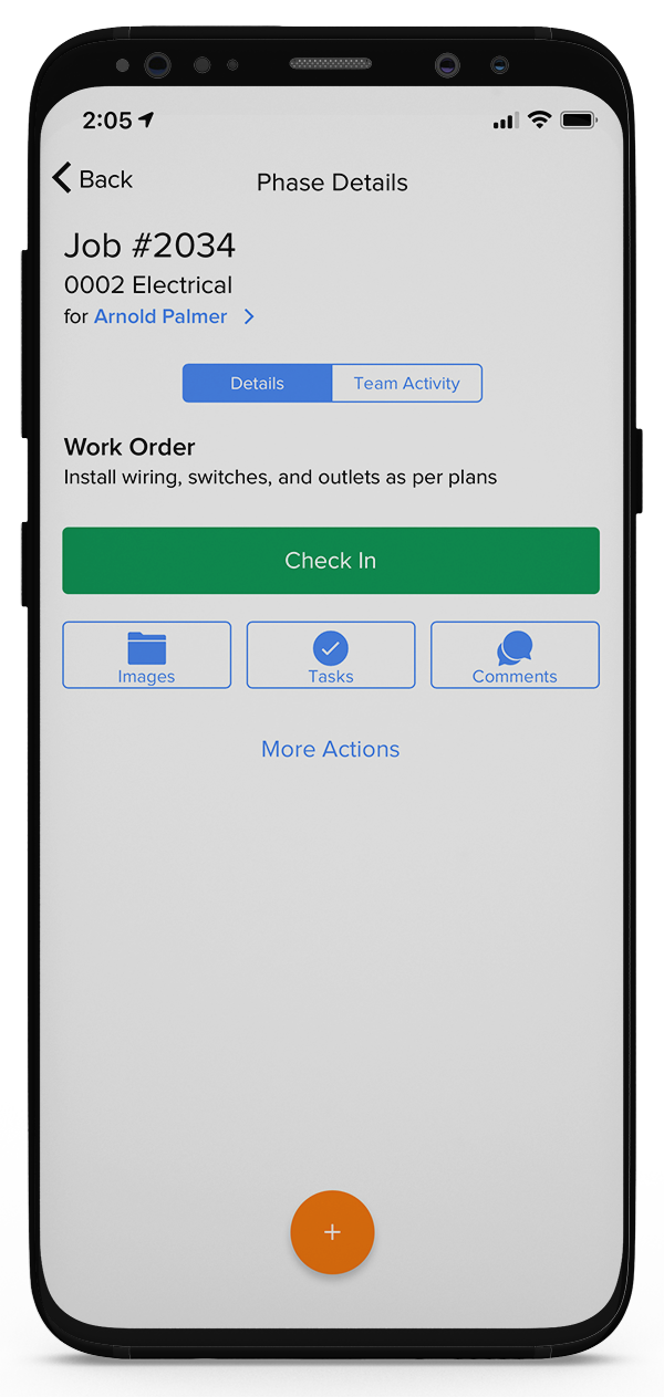 Knowify | Smartphone app | Screenshot of the mobile app displaying a work order in the phase details