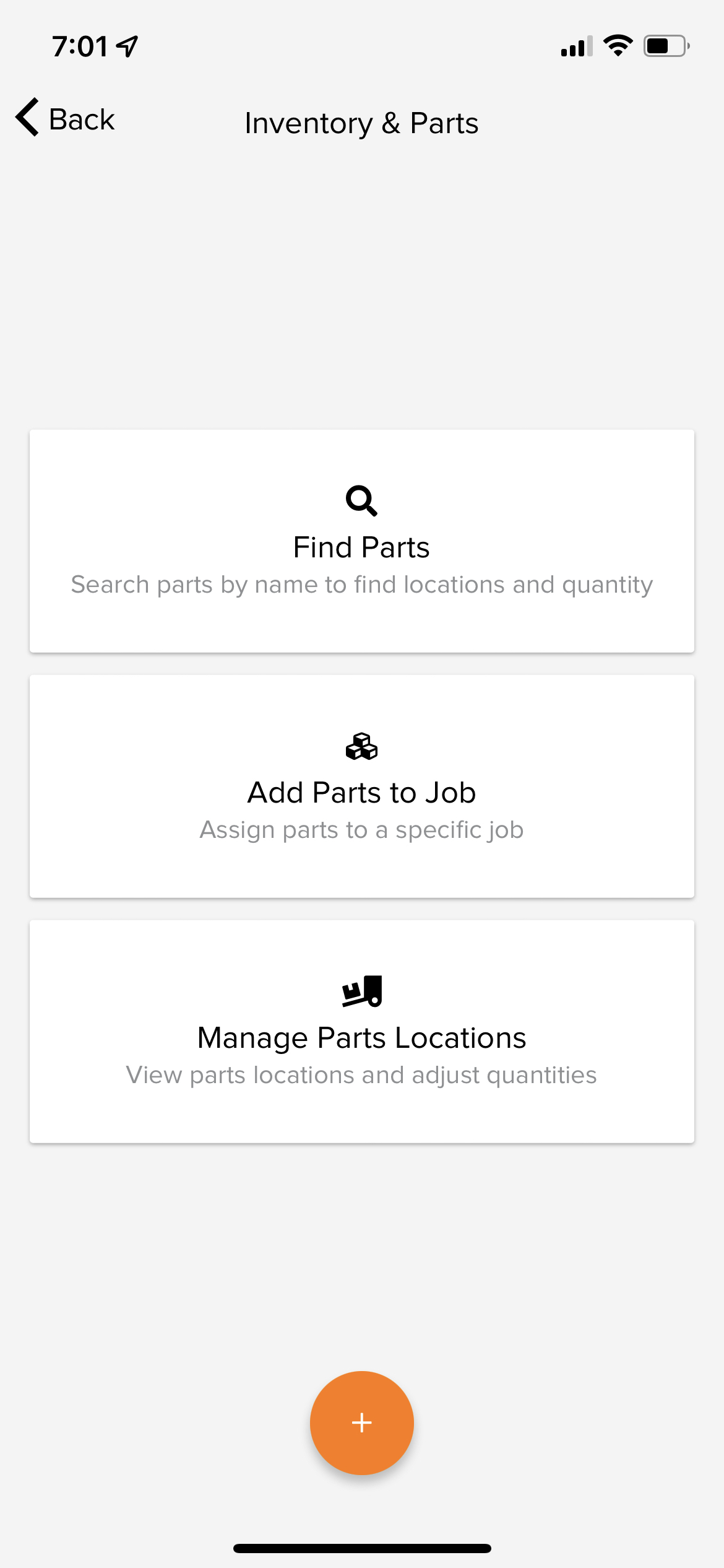 Knowify | Smartphone app | Screenshot from the phone displaying the actions available for parts inventory