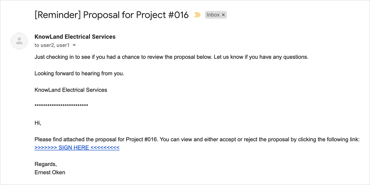 Knowify | Bidding | Default email sent automatically for proposal reminders